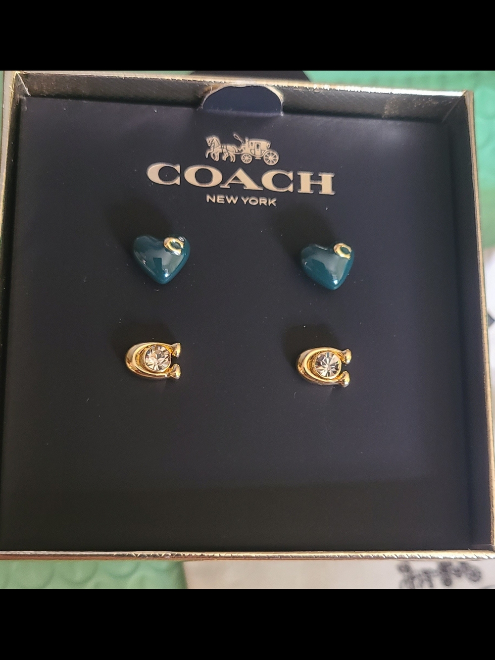 COACH New York Teal Heart and Gold Crystal Stud Earring Set